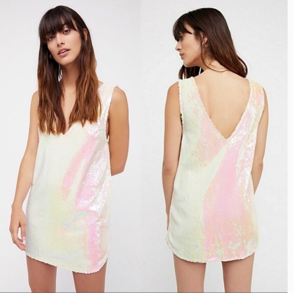 Free People White Mini Sparkly Sequin Iridiscent Shift Dress Tunic